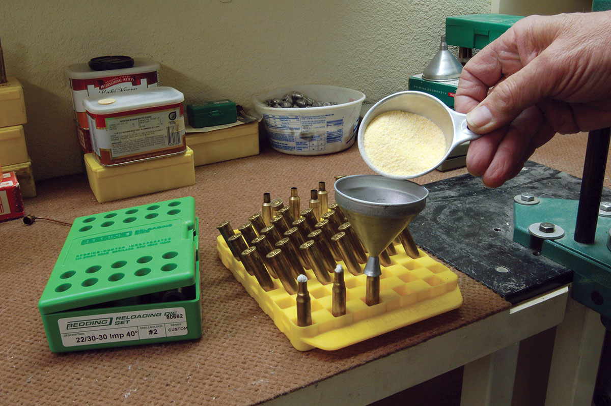 Cases were filled with cornmeal after a fireforming charge of Bullseye was determined and dumped into the case.